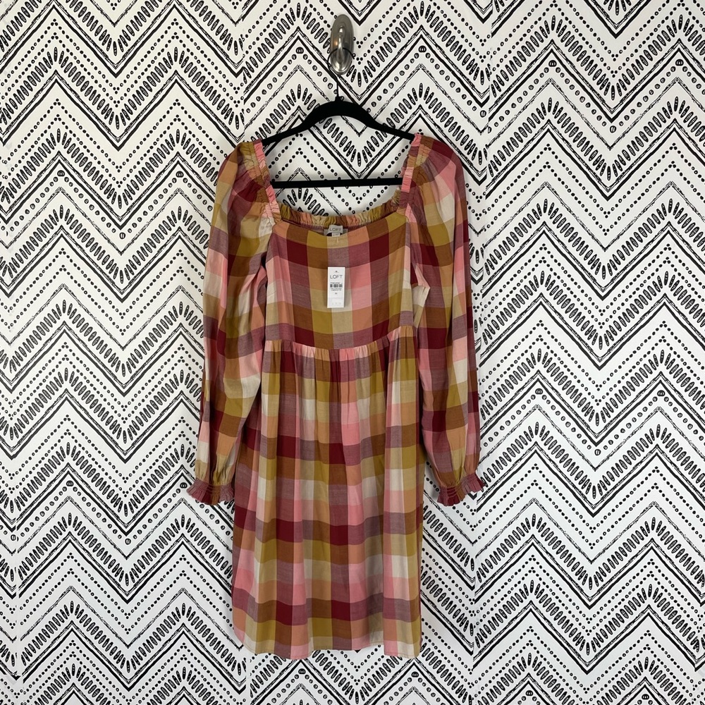 Nwt Women Ann Taylor LOFT Pink Plaid Square Neck Smocked Shift Babydoll Dress M